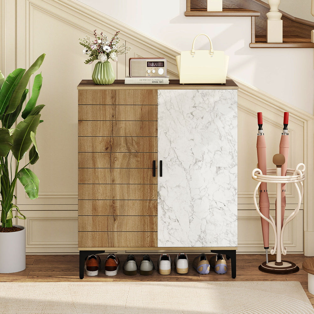 4-tier farmhouse shoe storage cabinet in oak with removable shelves and metal legs, ideal for entryway organization.