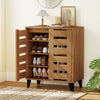 4-tier farmhouse shoe organizer in natural wood with louvered doors, featuring adjustable shelves for shoe storage.