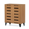 4-Tier farmhouse shoe organizer with louvered doors, natural wood finish, featuring adjustable shelves and raised legs.