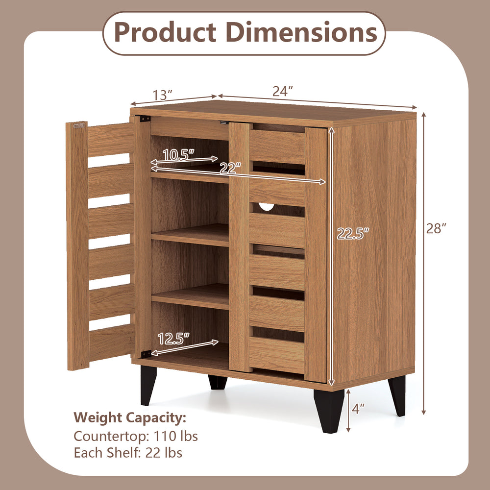 4-Tier Farmhouse Shoe Organizer with louvered door, natural wood finish, featuring adjustable shelves for versatile.