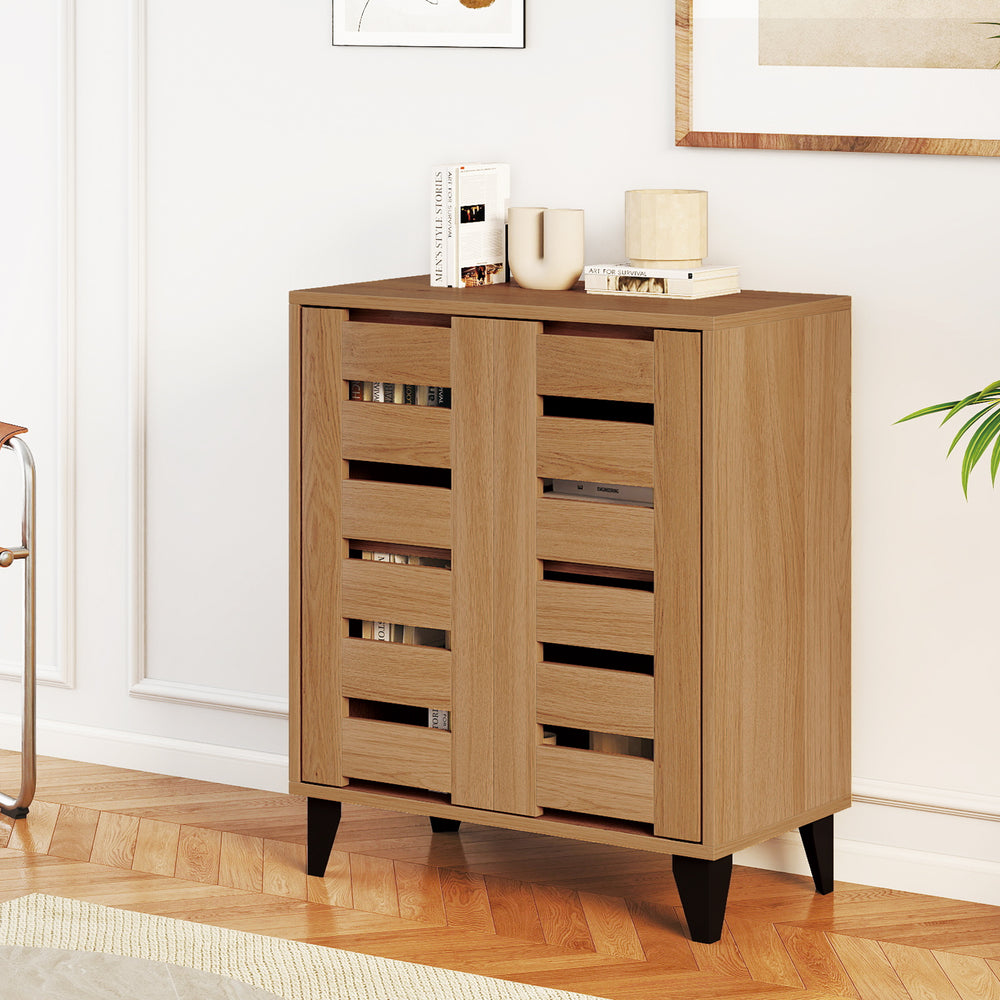 4-tier farmhouse shoe organizer with louvered doors in natural wood finish, featuring adjustable shelves and raised.