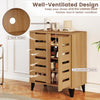 4-tier farmhouse shoe organizer with louvered doors and vent holes, featuring a natural wood finish for stylish storage.