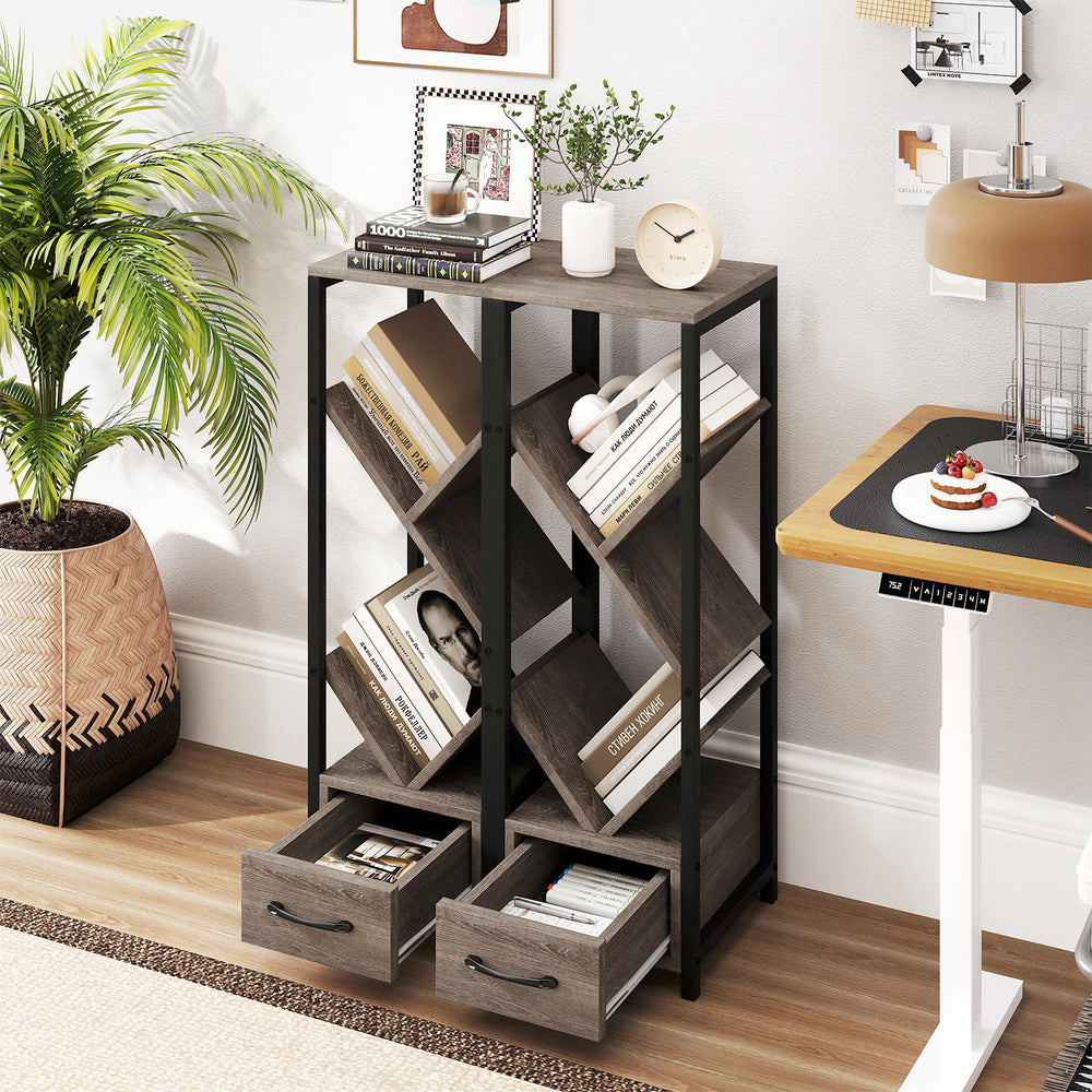 4-tier gray bookshelf with metal frame, unique branching design, and drawers for efficient storage in any room.