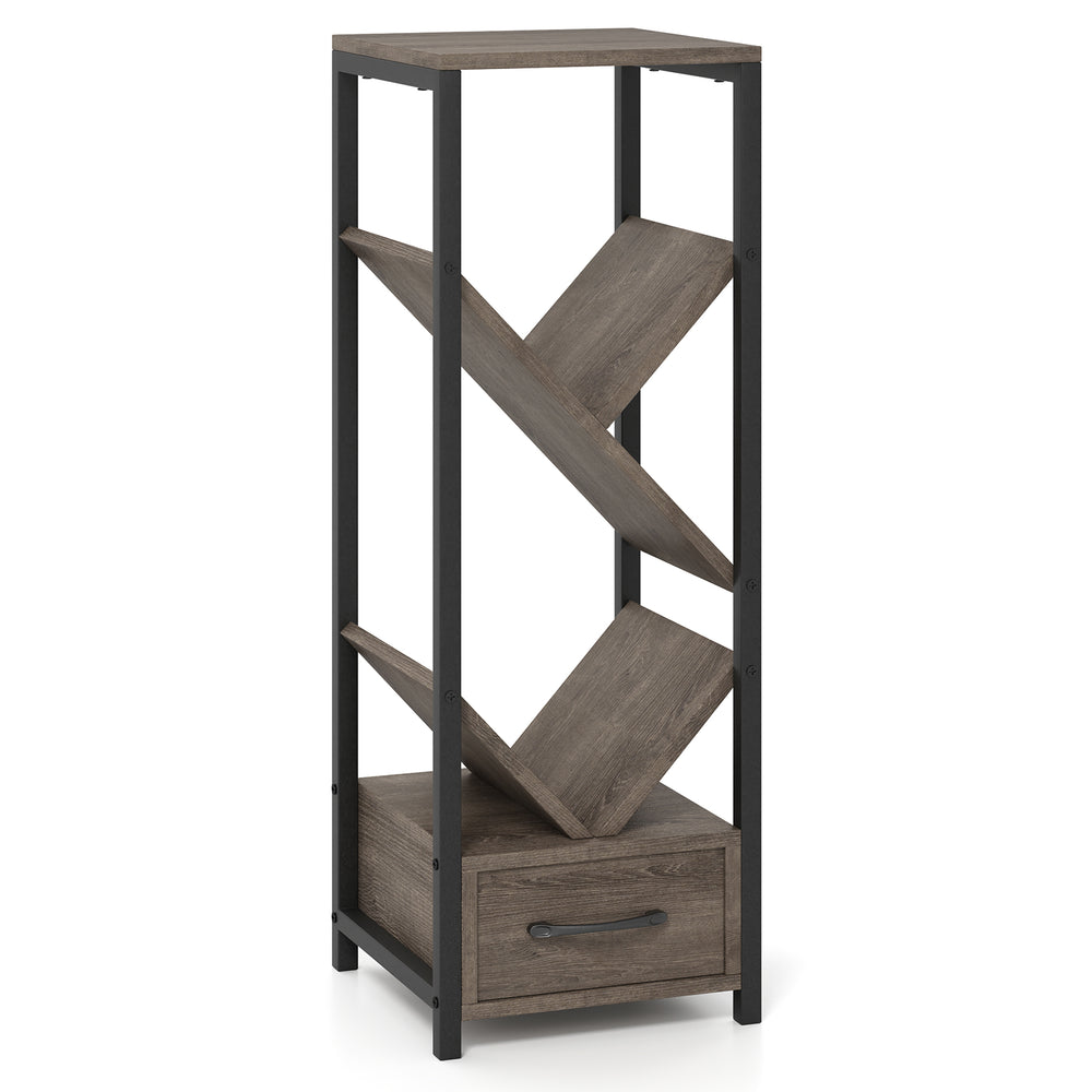4-tier gray bookshelf with unique branching design, metal frame, and drawer for efficient vertical storage in any room.