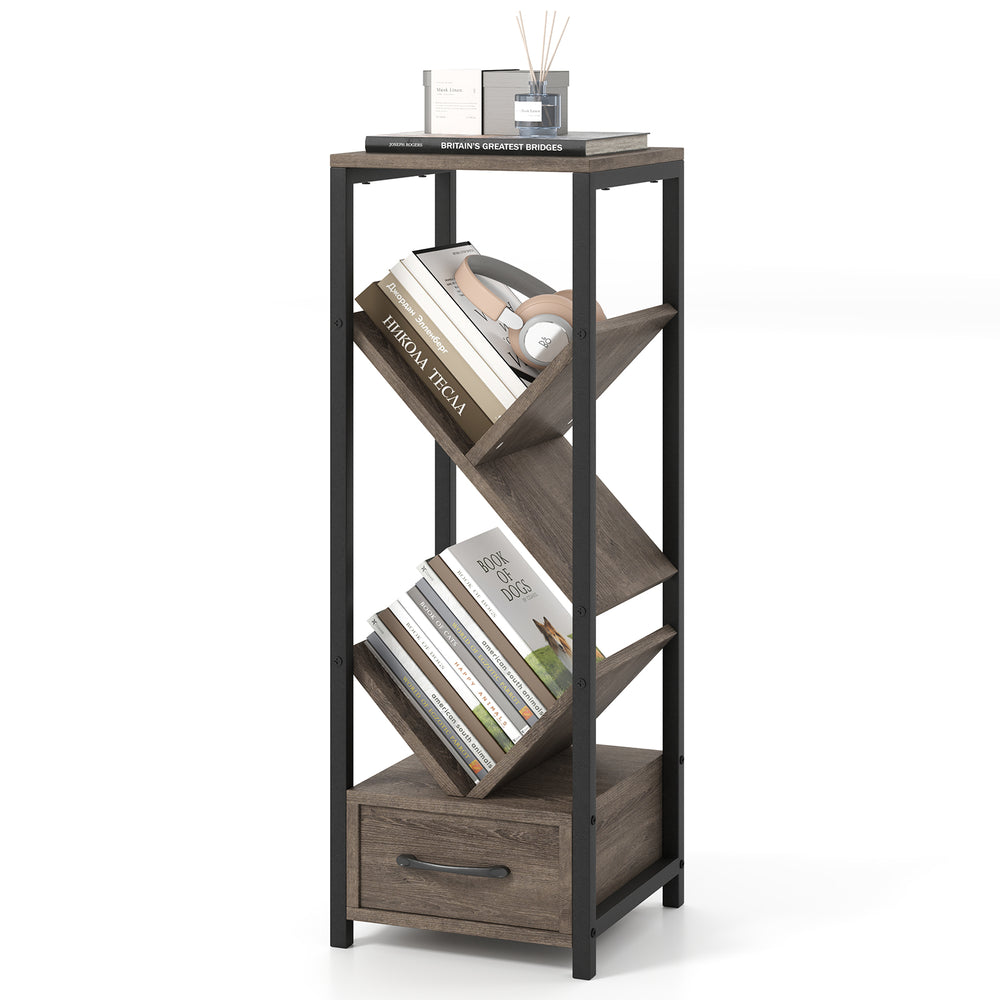 Side view of the 4-tier floor tree bookshelf in gray, showcasing the unique branching design and efficient vertical.