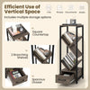 4-tier gray bookshelf with metal frame, branching shelves, and drawer for efficient vertical storage in any room.