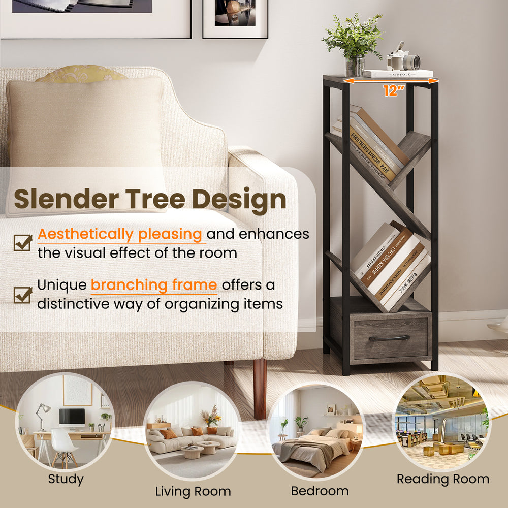 4 tier floor tree bookshelf in gray with metal frame, featuring a unique branching design for organizing items.