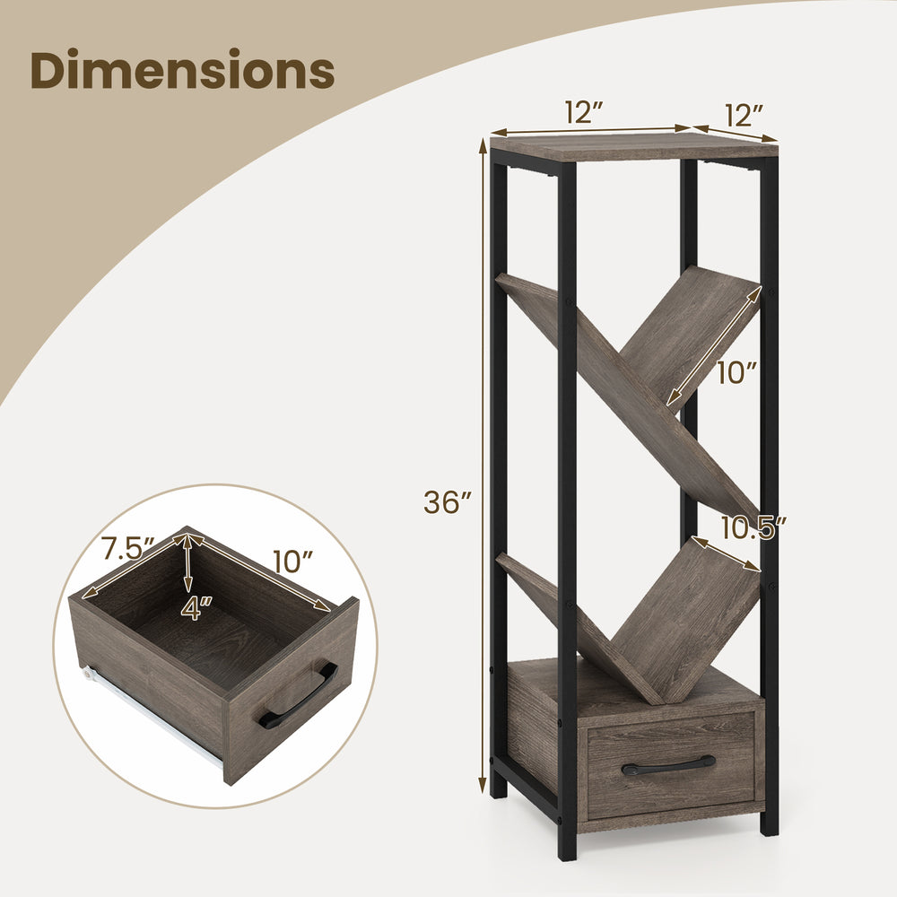 4-tier gray bookshelf with metal frame and drawer, featuring a unique branching design for efficient vertical storage.
