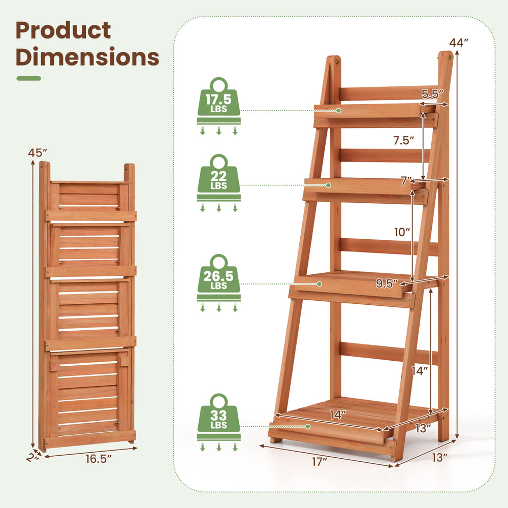 Dimensions of the 4-tier foldable plant stand show a compact design, perfect for maximizing space in gardens or patios.