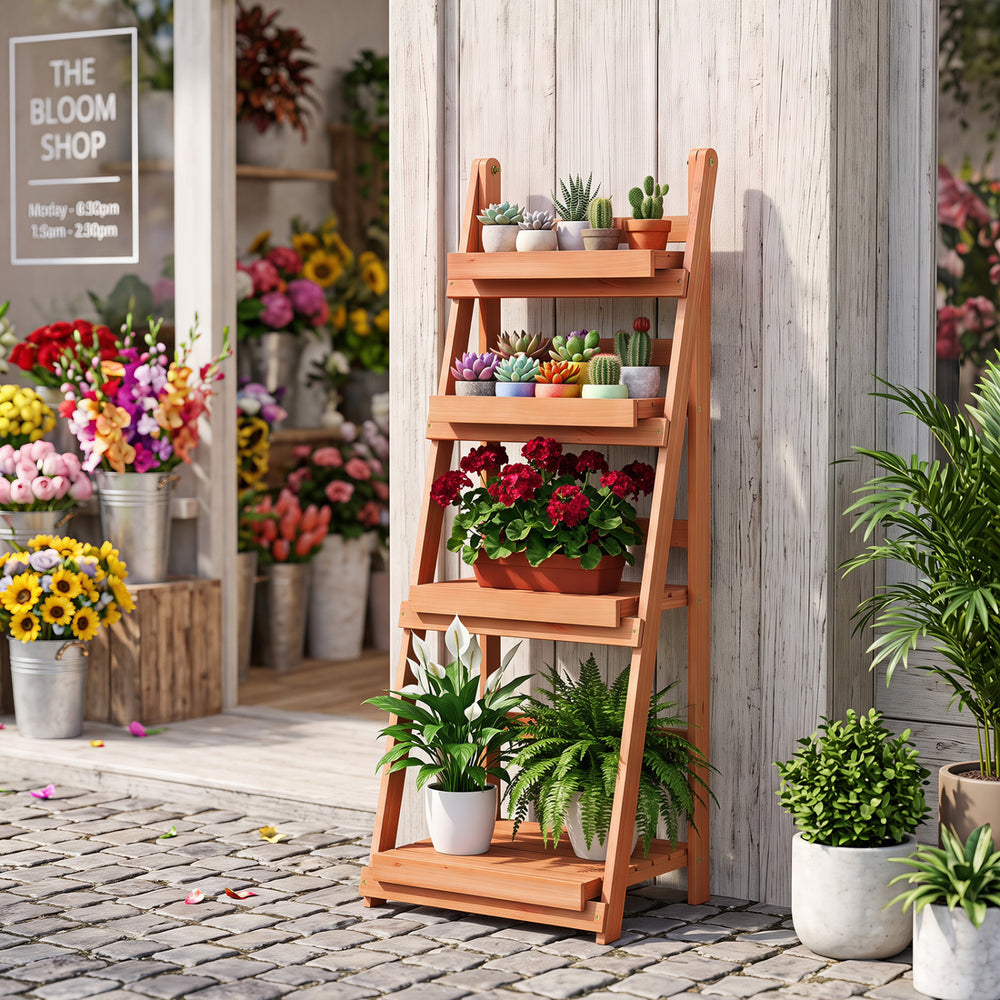 4-Tier Foldable Plant Stand with Slatted Shelves for Garden-Orange - Gallery View 1 of 11