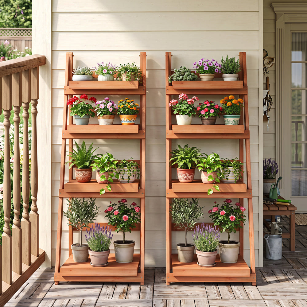 4-tier foldable plant stand made of fir wood, featuring slatted shelves for displaying plants in gardens or patios.