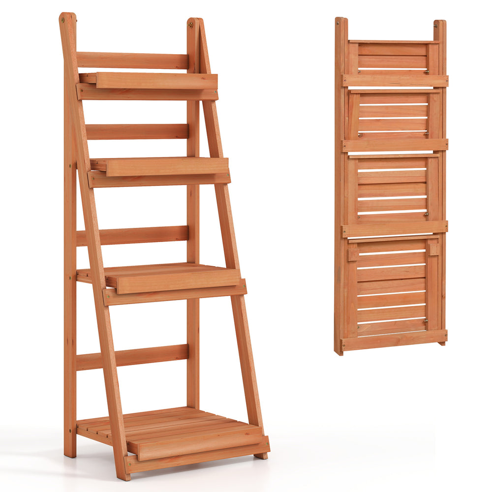 4-tier foldable plant stand made of fir wood with slatted shelves, ideal for displaying plants in gardens or patios.