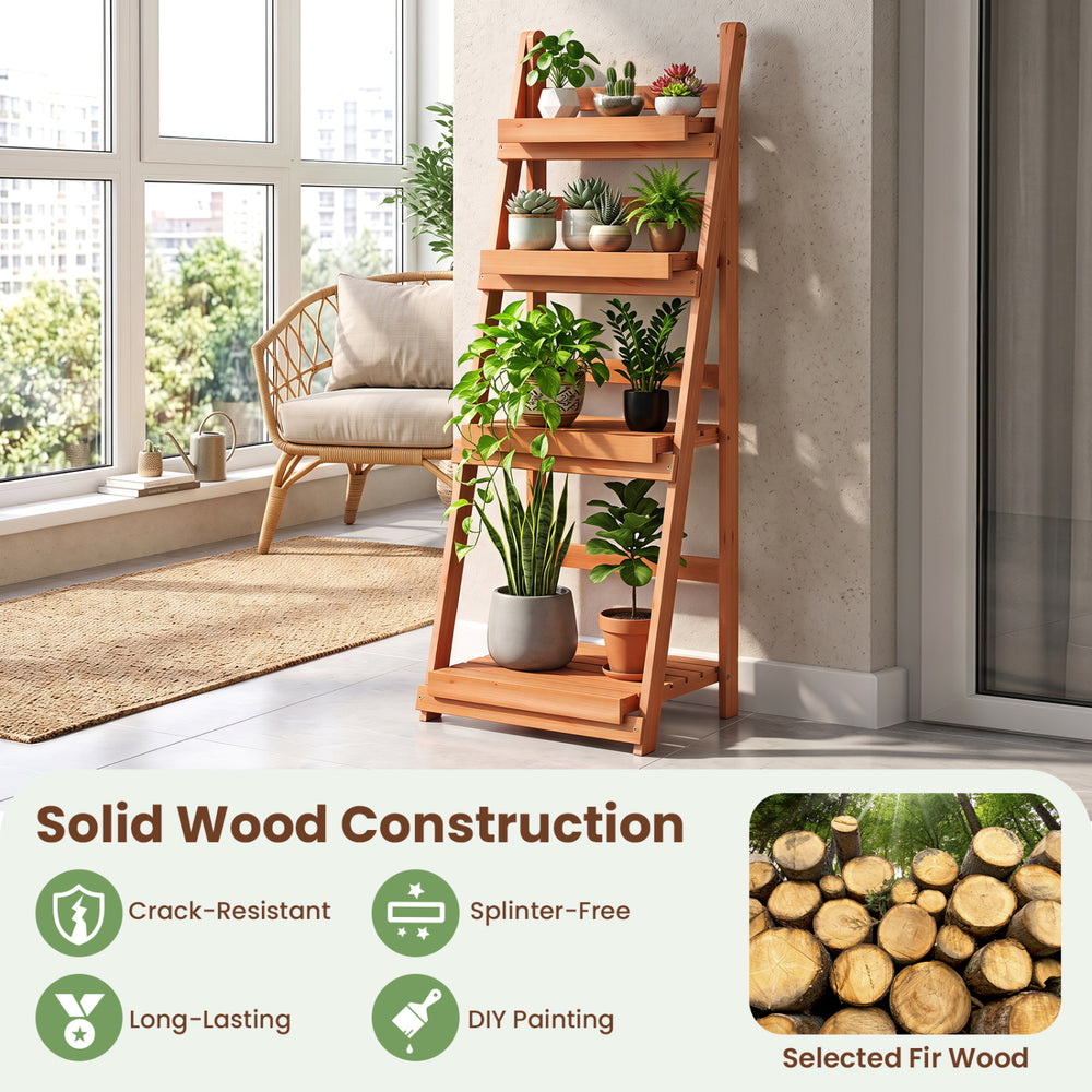 4-tier foldable plant stand made of selected fir wood, featuring slatted shelves for optimal sunlight exposure and stability.