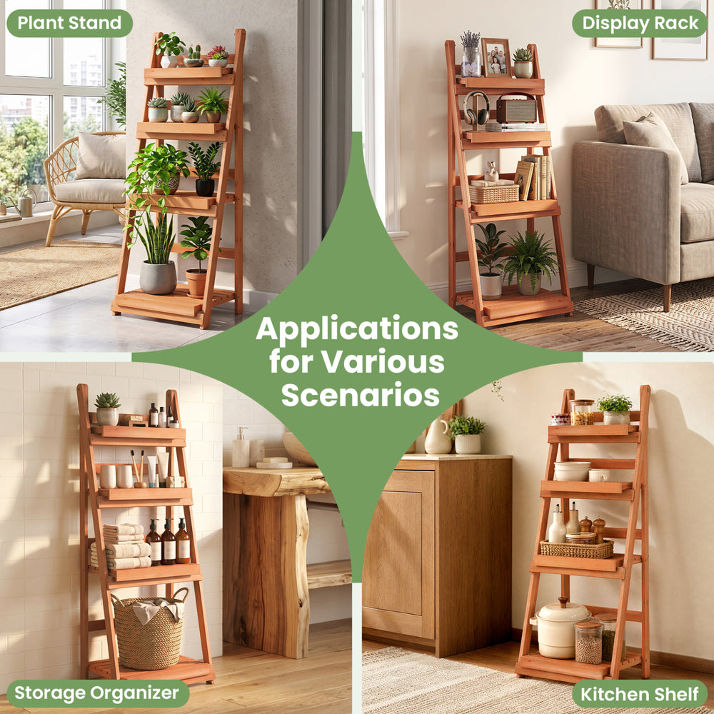 4-tier foldable plant stand in natural wood finish, ideal for displaying plants and organizing spaces in various settings.