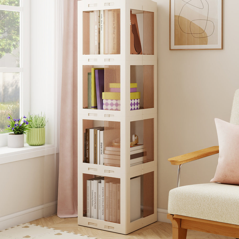 4-tier foldable rotating bookshelf in white with translucent panels, ideal for maximizing storage in small spaces.