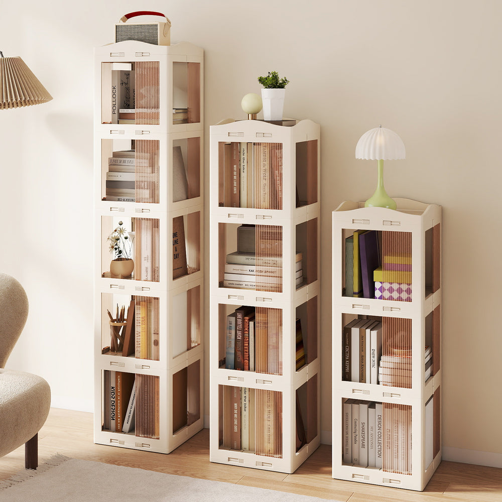 4-tier foldable rotating bookshelf in white with translucent panels, showcasing a sleek design for stylish book storage.