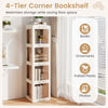 4-tier corner bookshelf in white with translucent panels, maximizing storage and featuring a 360° rotating design for.