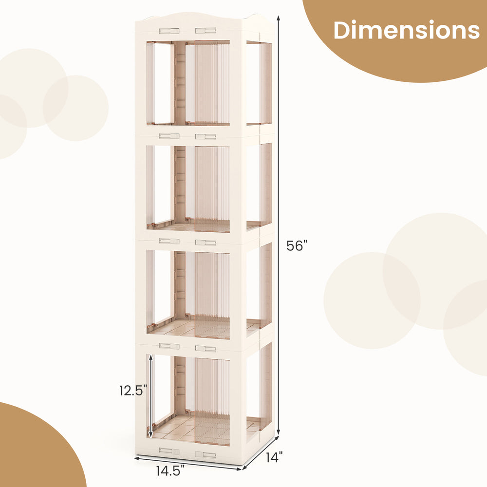 4-tier foldable rotating bookshelf in white with translucent panels, 360° swivel base, and safety lock for stable.