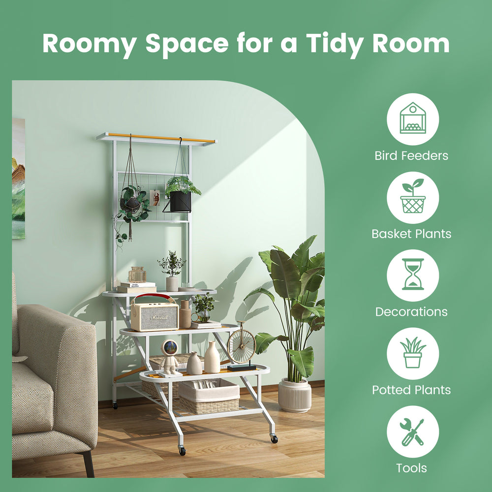 4-tier hanging plant stand with sturdy metal frame, 360° swiveling wheels, ideal for potted plants and tools.