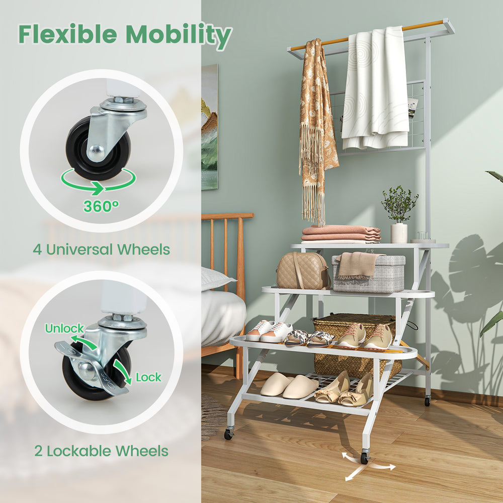 4-tier hanging plant stand with hanging bar, featuring 360° swivel wheels and sturdy metal frame for flexible mobility.