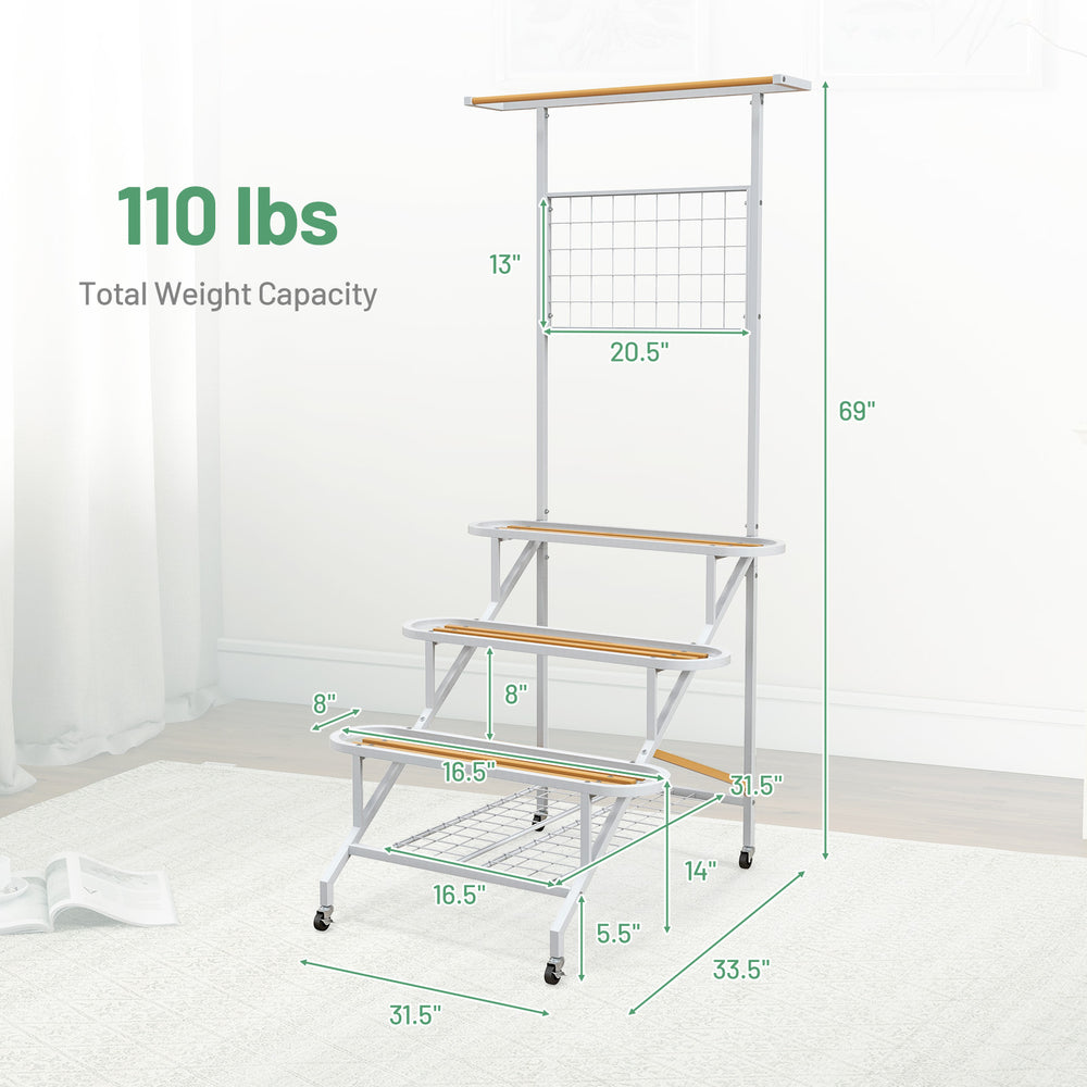 4-tier hanging plant stand with a hanging bar, sturdy metal frame, and 360° swiveling wheels for flexible mobility.