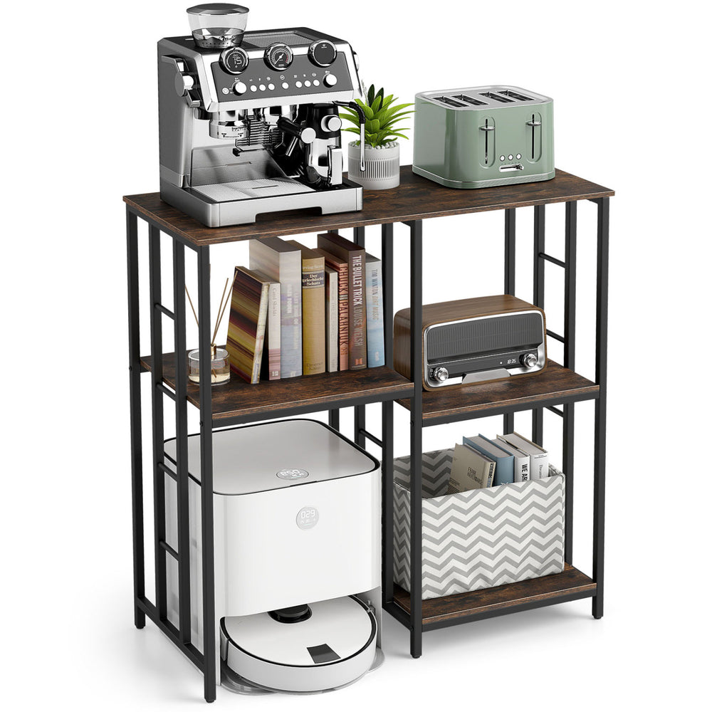 Kitchen baker's rack in rustic brown with 4 tiers, ideal for coffee makers, toasters, and robot vacuum docking.