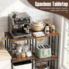 Kitchen baker's rack with a spacious tabletop, rustic brown finish, and four tiers for versatile kitchen storage.