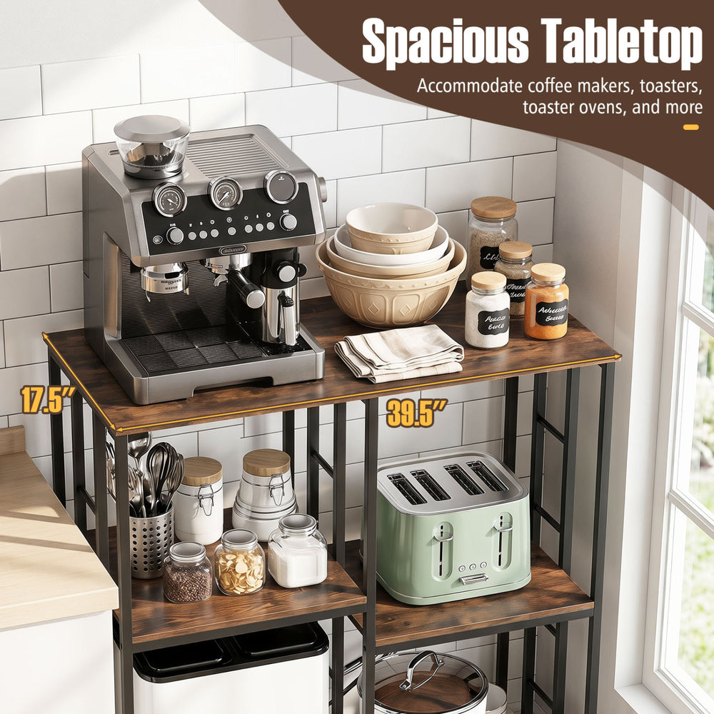 Kitchen baker's rack with a spacious tabletop, rustic brown finish, and four tiers for versatile kitchen storage.