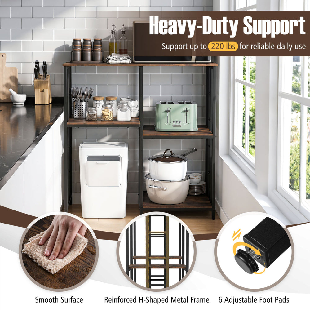Kitchen baker's rack with 4 tiers, rustic brown finish, and heavy-duty metal frame, ideal for kitchen appliances and decor.