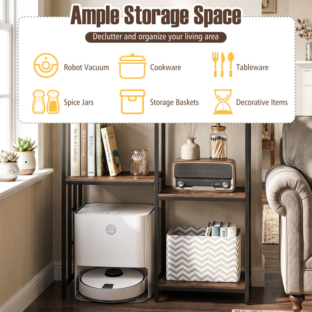 Four-tier rustic brown kitchen baker's rack with ample storage for appliances, robot vacuum, and decorative items.