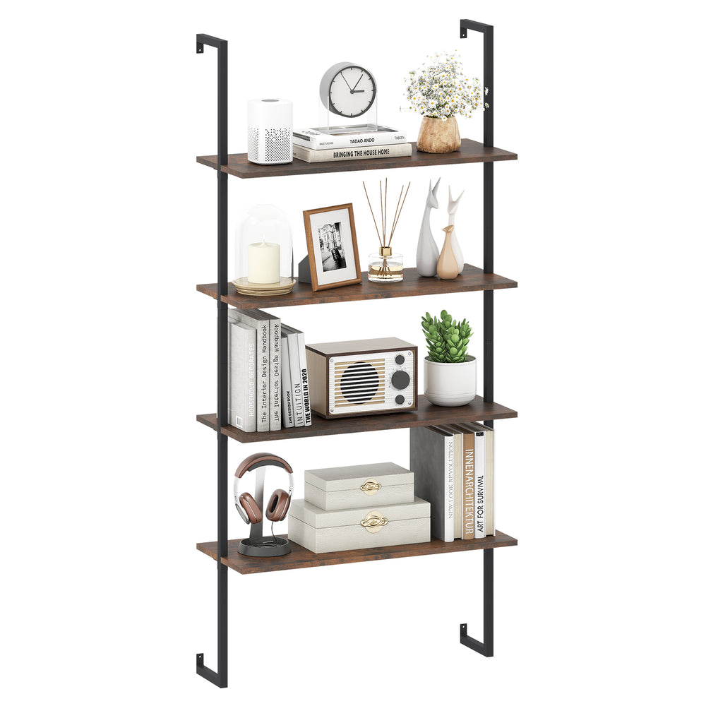 4-tier industrial ladder bookshelf with a sturdy metal frame and wooden shelves, ideal for organizing living spaces.