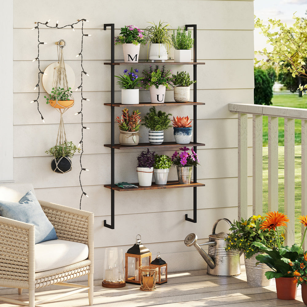 4-tier industrial ladder bookshelf with a sturdy metal frame and wooden shelves, perfect for organizing decor in any.