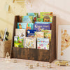 4-tier kids bookshelf in rustic brown displaying various children's books, ideal for bedroom organization.