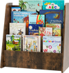 4-tier kids bookshelf in rustic brown displaying deep compartments filled with colorful children's books for bedroom.