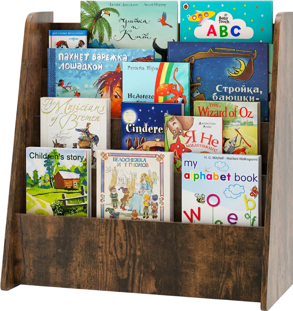 4-tier kids bookshelf in rustic brown displaying deep compartments filled with colorful children's books for bedroom.