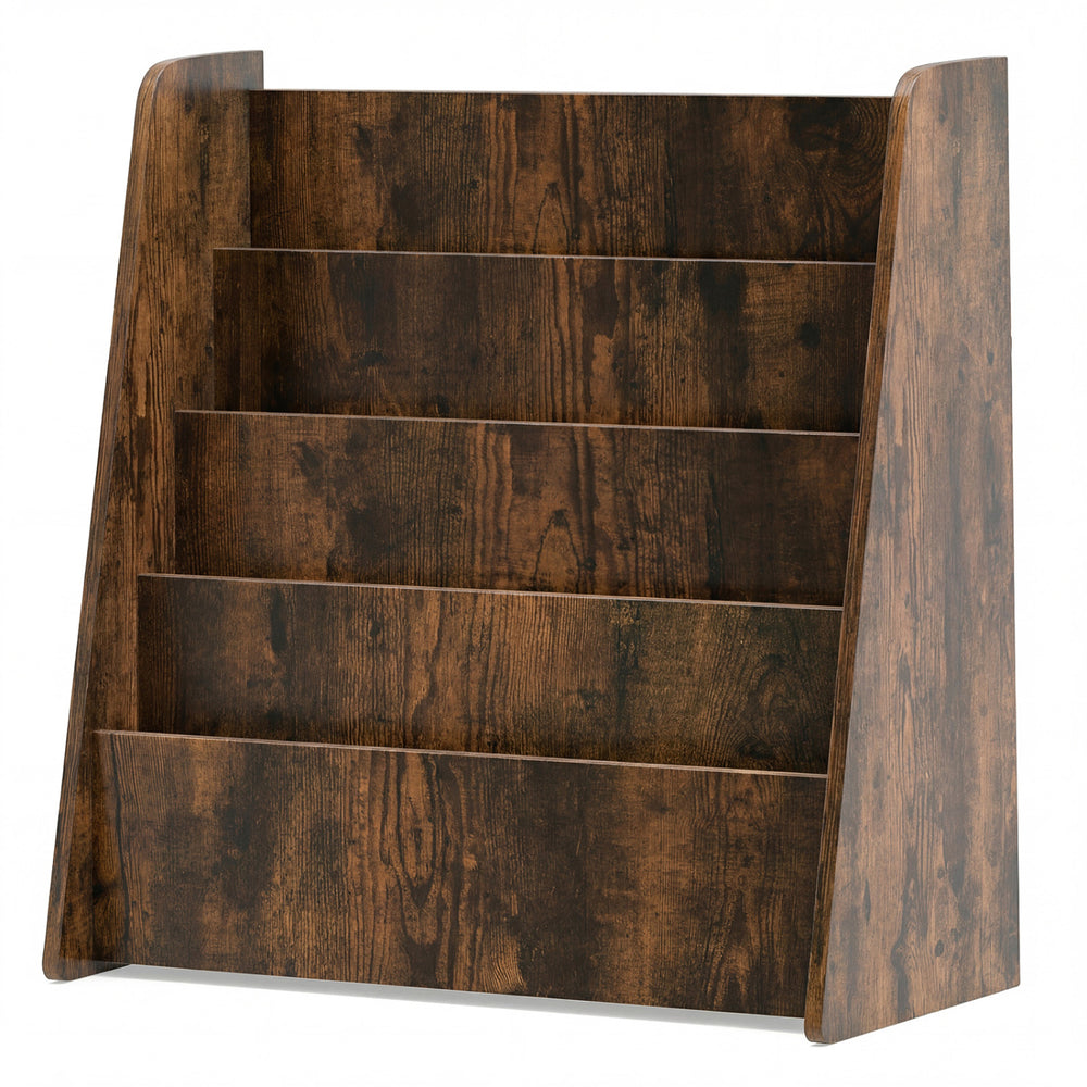 4-tier kids bookshelf in rustic brown with deep compartments, perfect for organizing books in a bedroom.