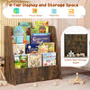 4-tier kids bookshelf in rustic brown showcasing deep compartments for storybooks and magazines in a bedroom setting.