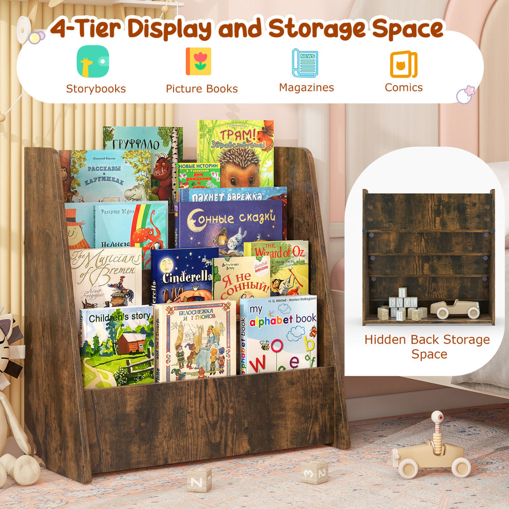 4-tier kids bookshelf in rustic brown showcasing deep compartments for storybooks and magazines in a bedroom setting.