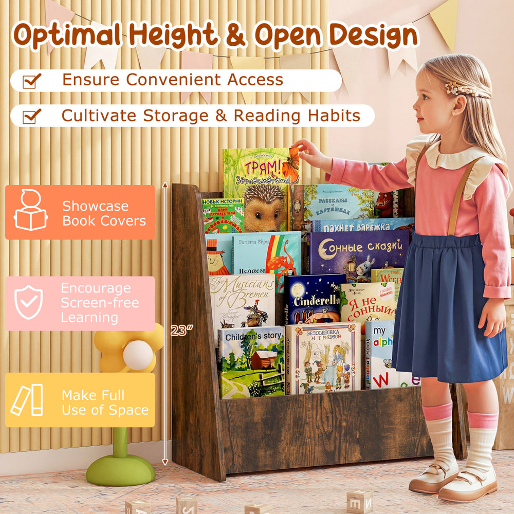 4-tier kids bookshelf in rustic brown with deep compartments, designed for easy access and organized book storage.