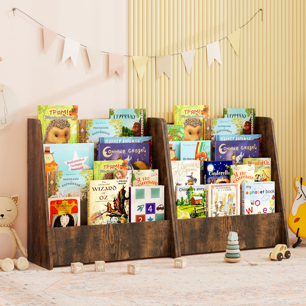 4-tier kids bookshelf in rustic brown with deep compartments, showcasing colorful children's books for bedroom.