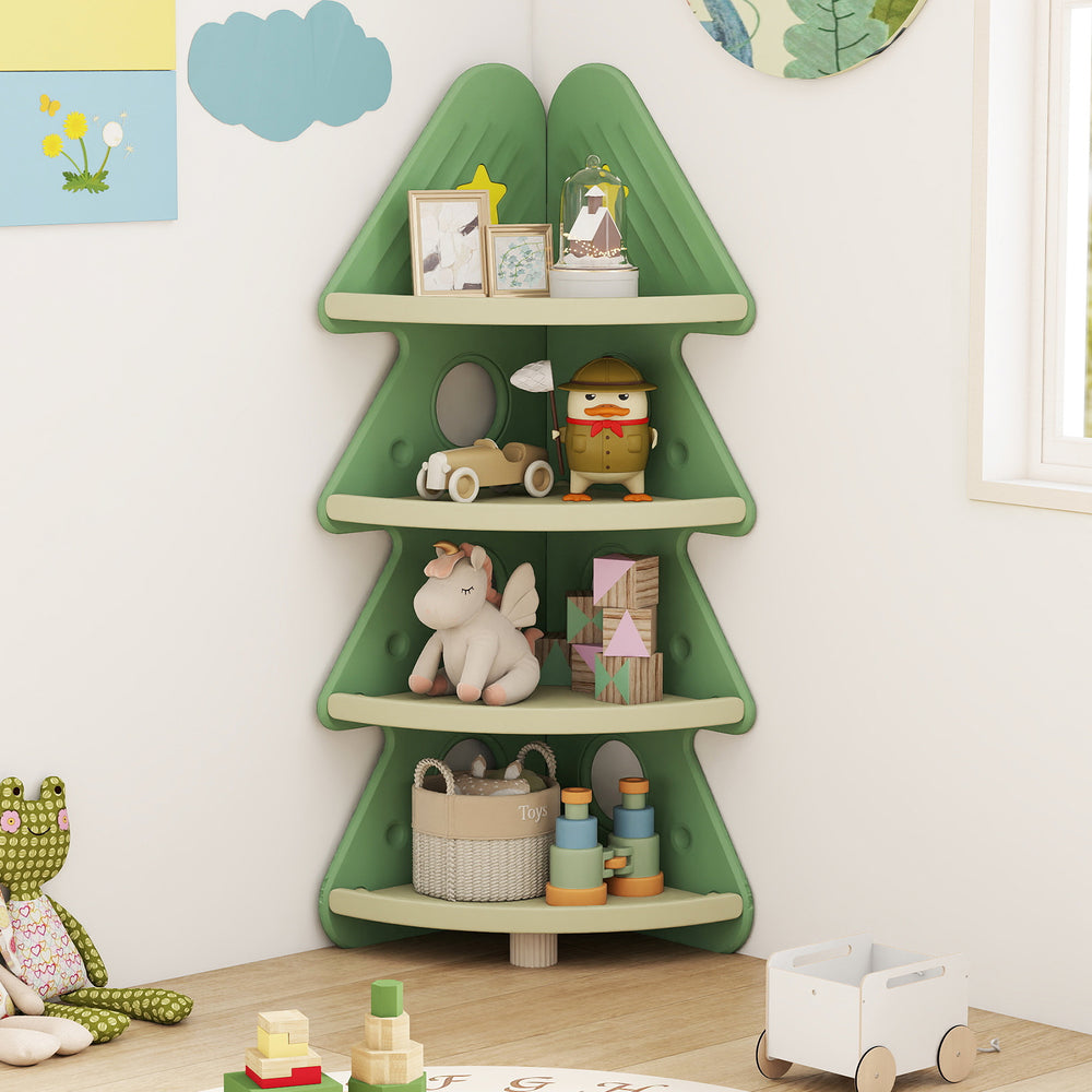 Green 4-tier kids corner bookshelf in a Christmas tree shape, perfect for organizing toys and books in a child's room.