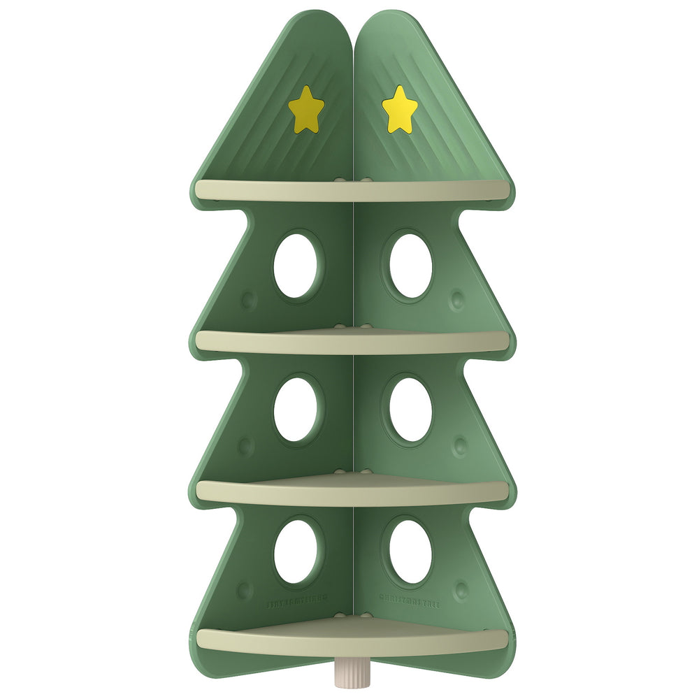 4-tier green kids corner bookshelf in a Christmas tree shape with star patterns, perfect for organizing toys and books.