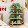 Green 4-tier kids corner bookshelf in Christmas tree shape, perfect for organizing toys and books in a child's room.