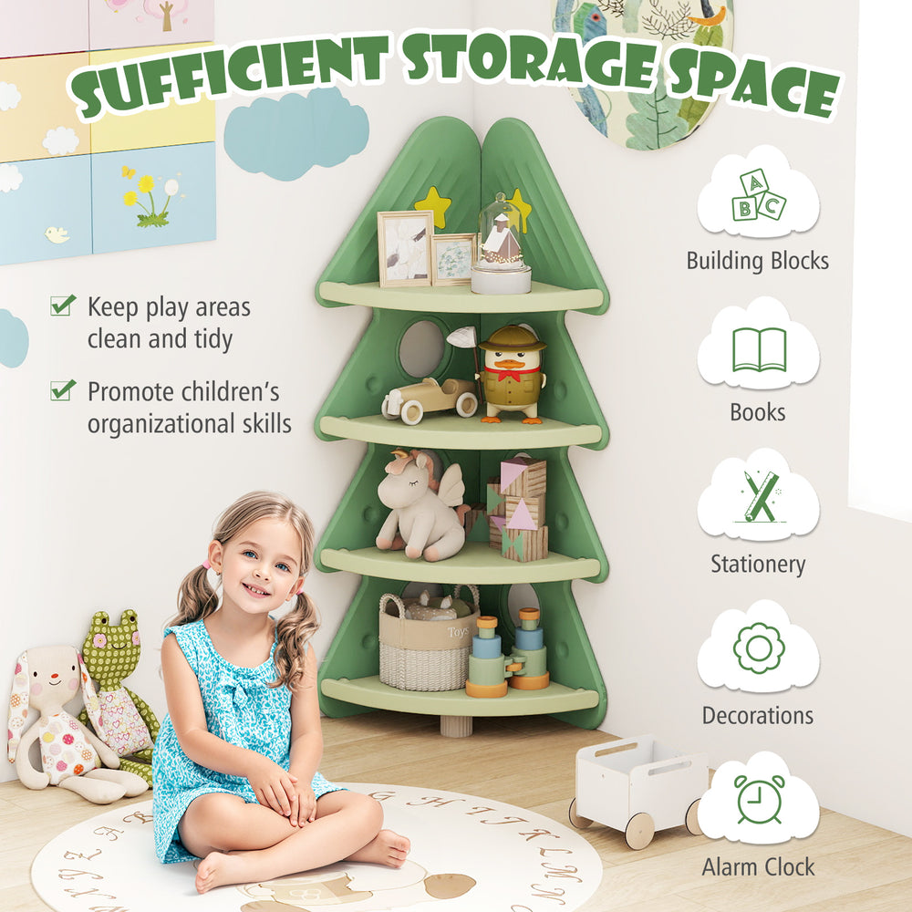 4-tier green kids bookshelf in a Christmas tree shape, perfect for organizing toys and books in a playroom or nursery.