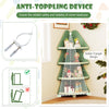 4-tier green kids corner bookshelf with anti-tipping device, designed for safety and festive storage in children's.