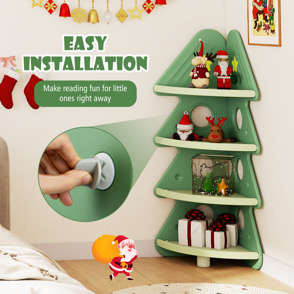 4-tier green kids corner bookshelf in Christmas tree shape, perfect for organizing toys and books in a child's room.