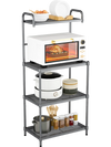 4-tier kitchen storage rack with microwave, dishes, and appliances, featuring a sturdy iron frame and adjustable feet.