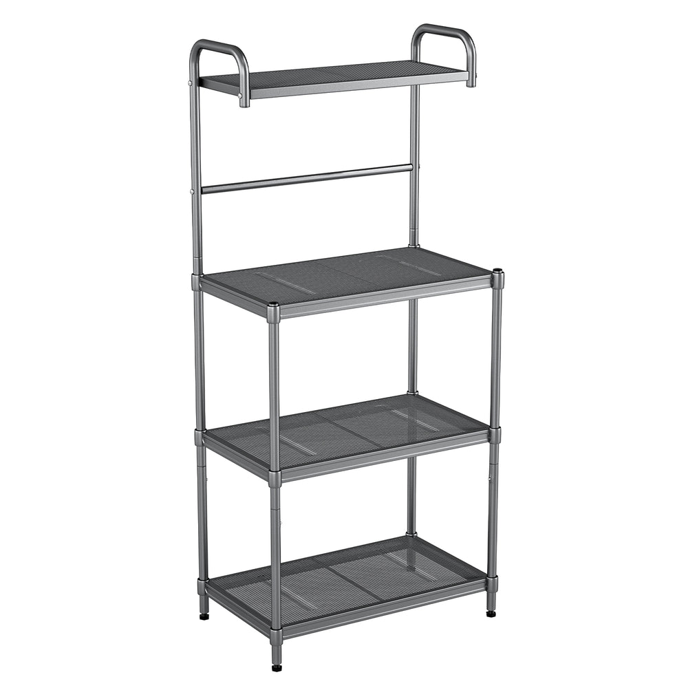 4-tier kitchen storage rack with iron frame, dustproof shelves, and adjustable feet for versatile organization.