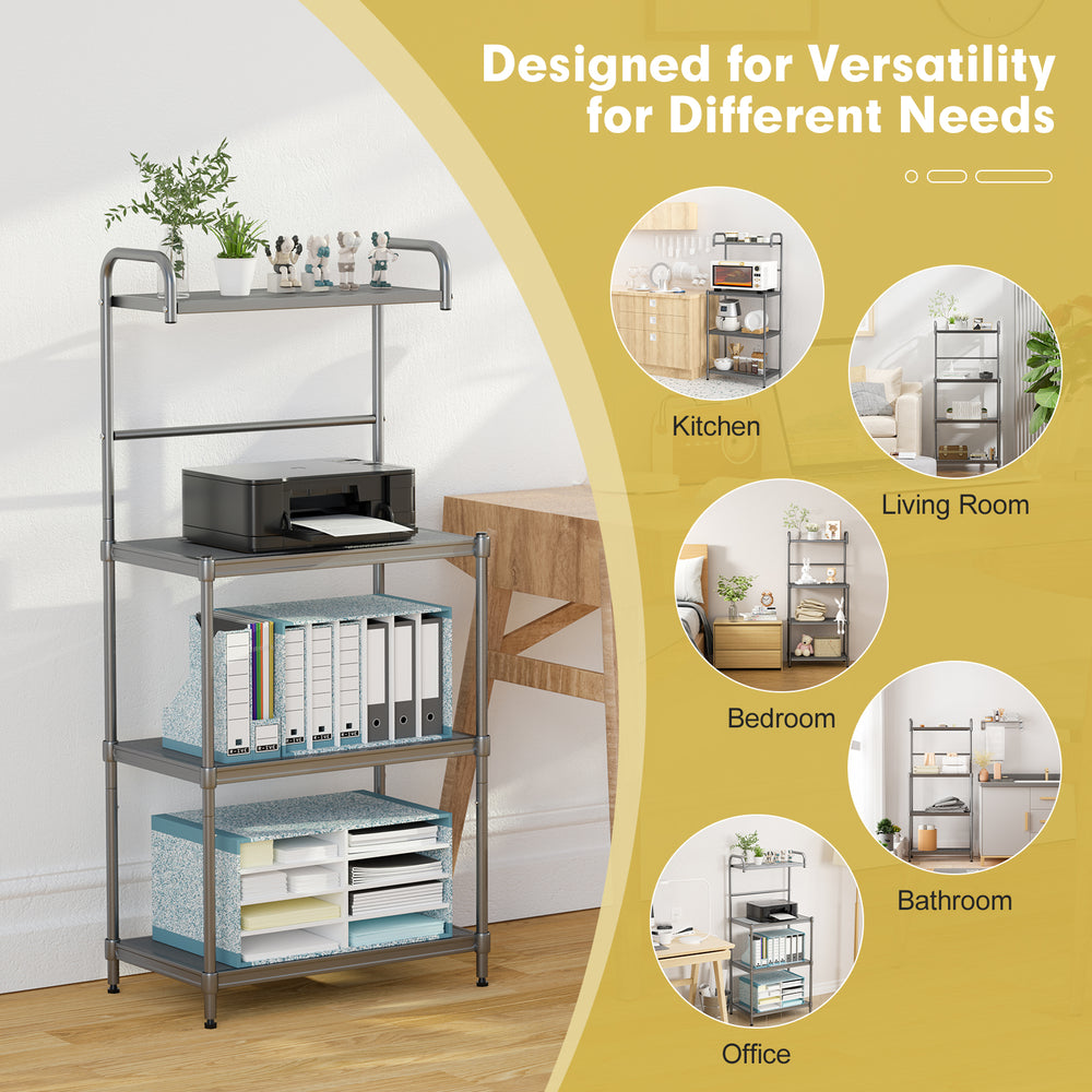 4-Tier baker’s rack with iron frame, adjustable feet, and ample storage for kitchen appliances and office supplies.