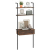 4-tier ladder bookshelf in rustic brown with metal frame, featuring a drawer for concealed storage and versatile use.